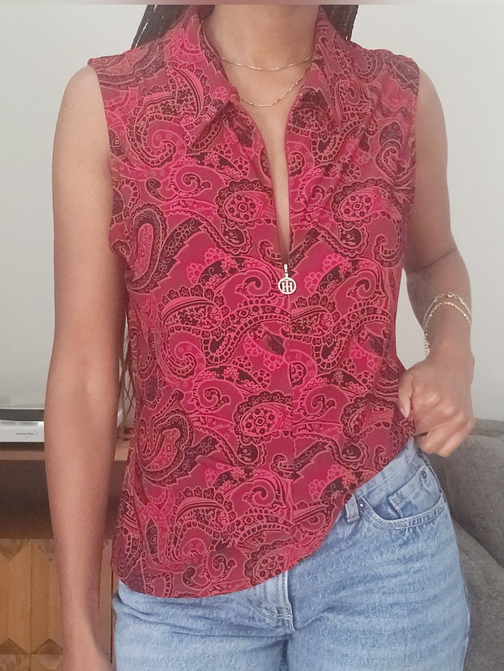 Tommy Hilfiger Paisley Zip Tank Top Red Stretch TH Hardware S/M